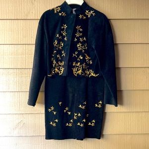 Pia Rucci Suede Leather Embroidered Skirt Suit